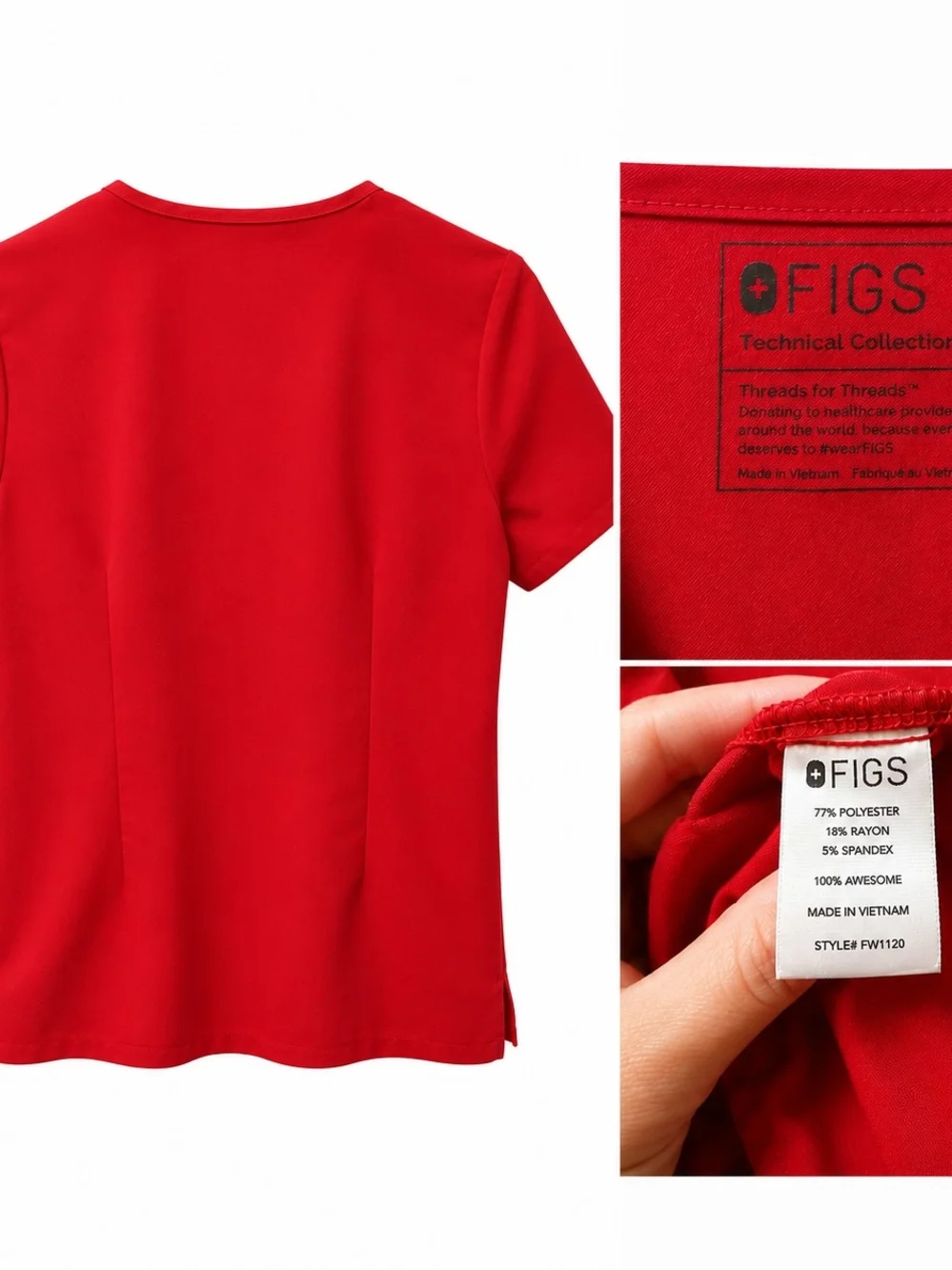 FIGS Womens Red V-Neck Short Sleeve Scrub Top